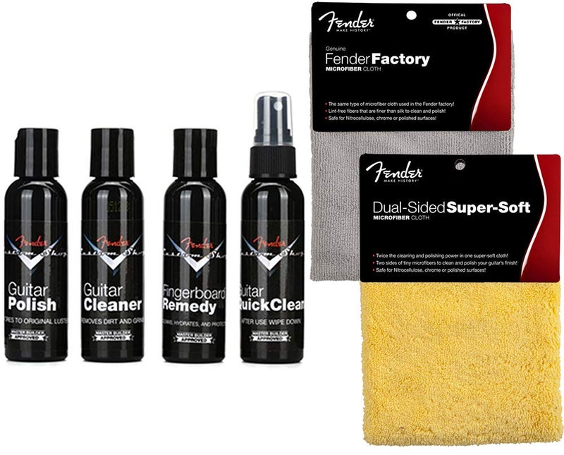 Fender Guitar Super Care Kit Bundle with Custom Shop Deluxe Guitar Care System 4 Pack SuperSoft DualSided Microfiber Cloth and Fender Factory Microfiber Cloth