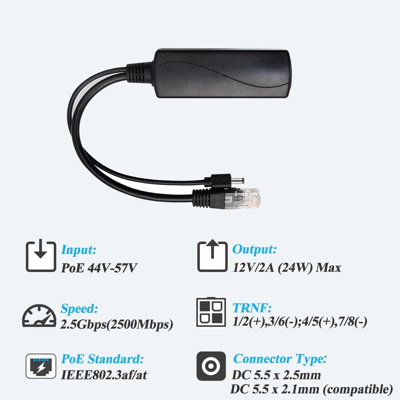REVODATA 2.5G PoE Splitter 12V/2A, DC 5.5 * 2.5mm Plug, 48V PoE to DC 12V/2A 24W Output, 2.5Gbps Ethernet Comply IEEE802.3af/at, Plug and Play for IP Camera, Smart Home - Image 3