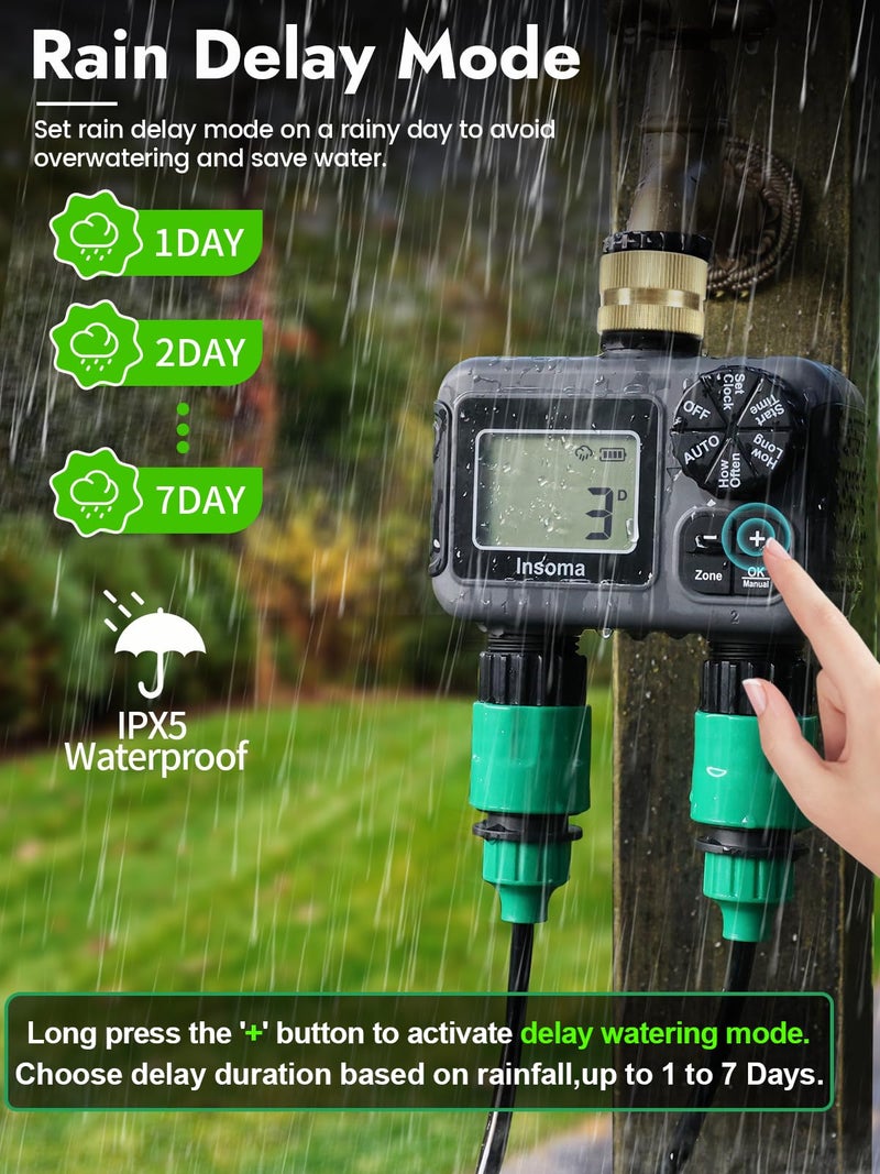 Insoma 2-Zone Hose Timer - Brass Inlet Dual Outlet Sprinkler Timer with Rain Delay/Manual/Auto Modes, 2-Outlet Water Timers for Garden/Greenhouse/Flower Irrigation, Durable Faucet Timers for Lawn Care - Image 5