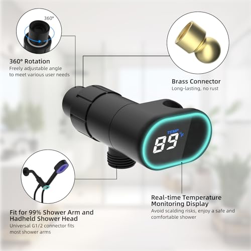 Hibbent Upgraded Metal Shower Head Holder with LED Display Shower Thermometer Adjustable Shower Arm Mount for Handheld Shower Head Universal Shower Head Bracket Solid Brass Pivot Ball Matte Black - Image 3