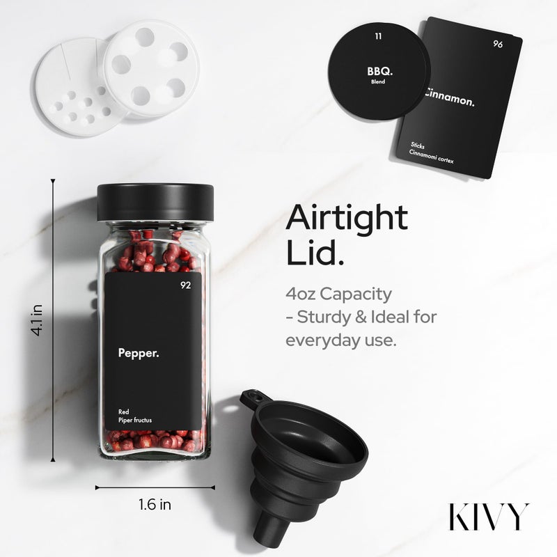 KIVY Glass Spice jars with Label & Shaker Lids [24x 4oz] Airtight Seasoning Containers for Cabinet & Drawer - Empty Spice Bottles - Spice containers with labels - Black spice jars with black lids - Image 2