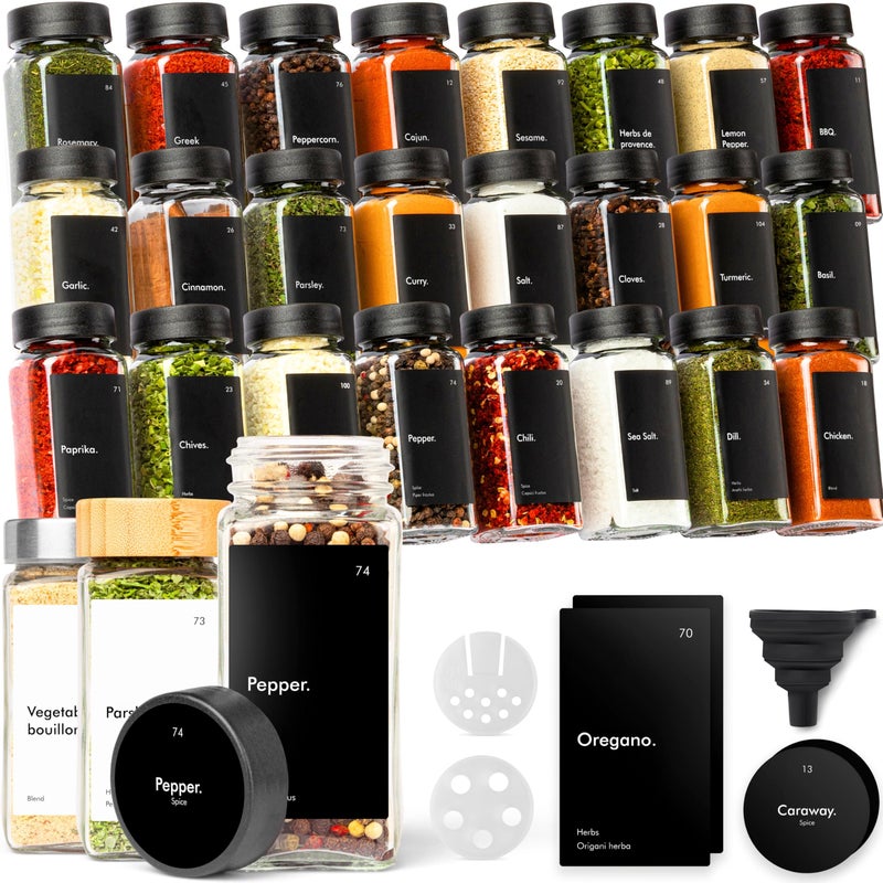 KIVY Glass Spice jars with Label & Shaker Lids [24x 4oz] Airtight Seasoning Containers for Cabinet & Drawer - Empty Spice Bottles - Spice containers with labels - Black spice jars with black lids - Image 1