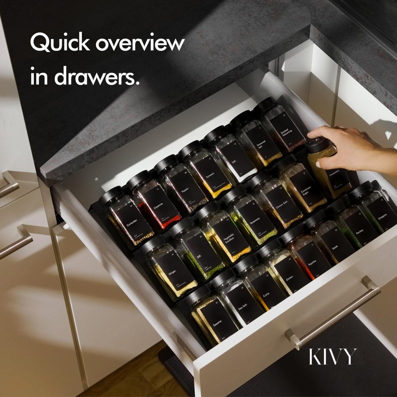 KIVY Glass Spice jars with Label & Shaker Lids [24x 4oz] Airtight Seasoning Containers for Cabinet & Drawer - Empty Spice Bottles - Spice containers with labels - Black spice jars with black lids - Image 3