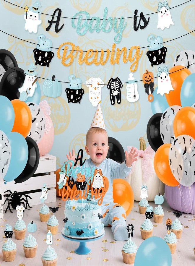 K KUMEED Halloween Baby Shower Decorations,Blue and Orange A Baby Is Brewing Banner,Cute Ghost Pumpkin Cake Topper and Latex Balloons for kids Halloween Birthday Baby Shower Boo Party Supplies - Image 5