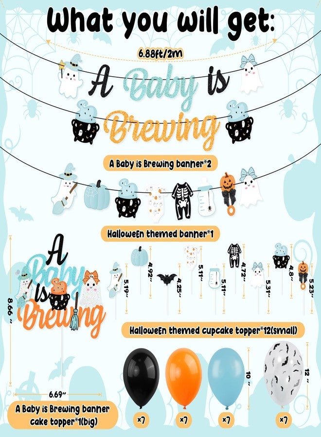 K KUMEED Halloween Baby Shower Decorations,Blue and Orange A Baby Is Brewing Banner,Cute Ghost Pumpkin Cake Topper and Latex Balloons for kids Halloween Birthday Baby Shower Boo Party Supplies - Image 2