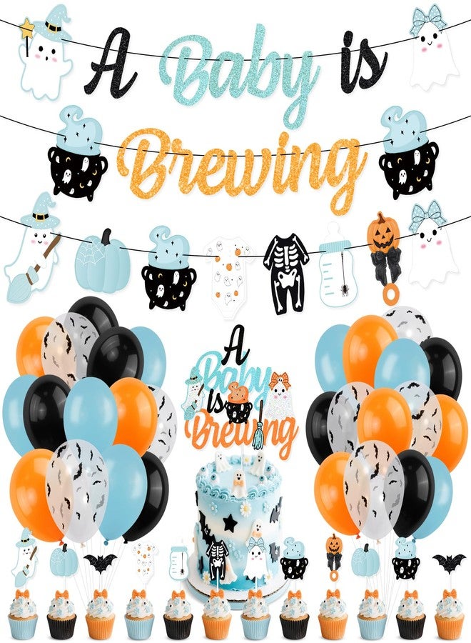 K KUMEED Halloween Baby Shower Decorations,Blue and Orange A Baby Is Brewing Banner,Cute Ghost Pumpkin Cake Topper and Latex Balloons for kids Halloween Birthday Baby Shower Boo Party Supplies - Image 1