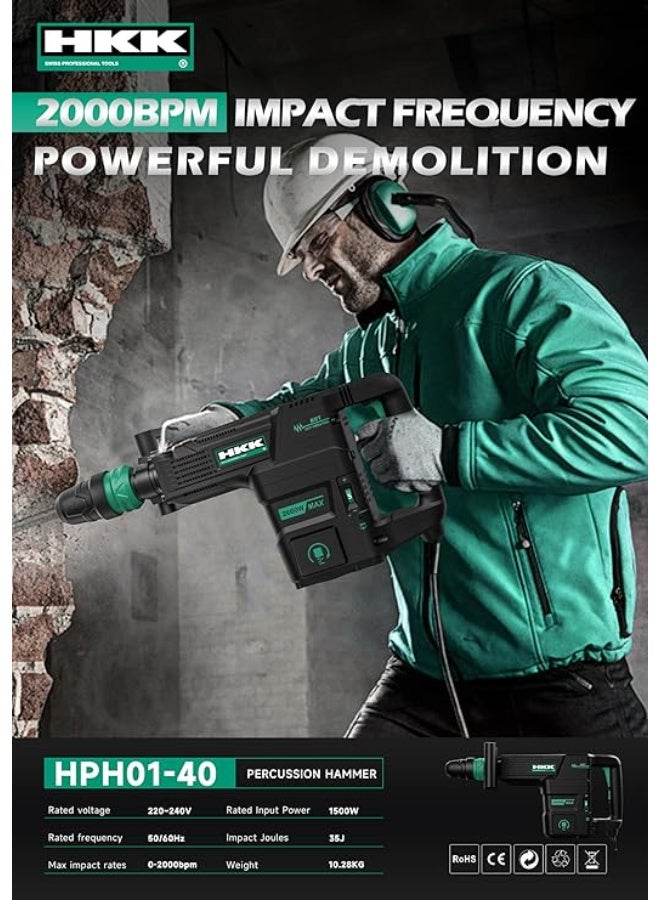 HKK مطرقة هدم كهربائية ثقيلة 1500 واط، 35 جول طاقة تأثير، 2000 ضربة في الدقيقة كحد أقصى، SDS سداسي، كاسر خرسانة، مطرقة صناعية مع حقيبة حمل وإكسسوارات - Image 5