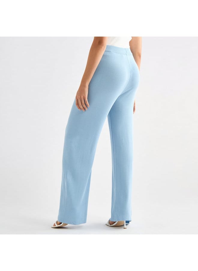 FAV Solid Wide Leg Pants with Ribbed Waistband  - Image 3