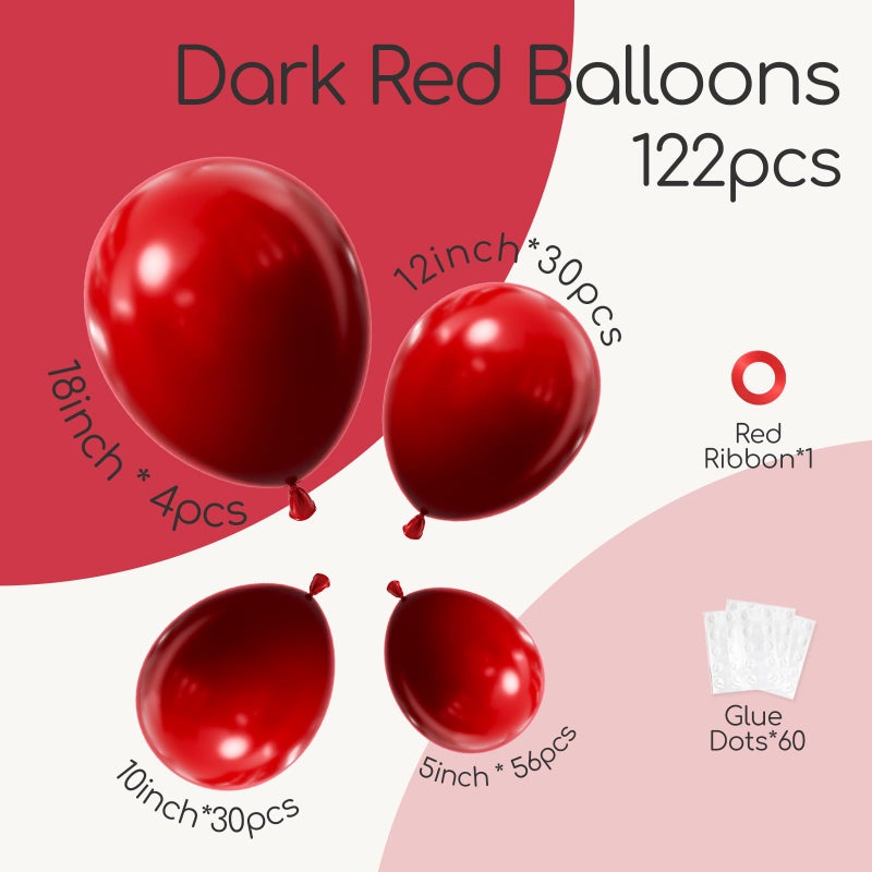 awenztech 122pcs Dark Red Balloons Different Sizes, 18 12 10 5 inch Dark Red Balloon Arch Kit for Wedding Bridal Shower Birthday Party Decorations - Image 2