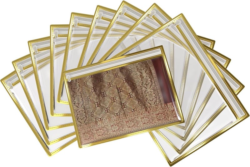 FabPax أكياس ساري غير مصنوعة يدويًا بلون ذهبي، شفافة مزودة بسحاب، الحجم 36x42x2 سم، مجموعة من 10 قطع، منظم للخزانة - Image 2