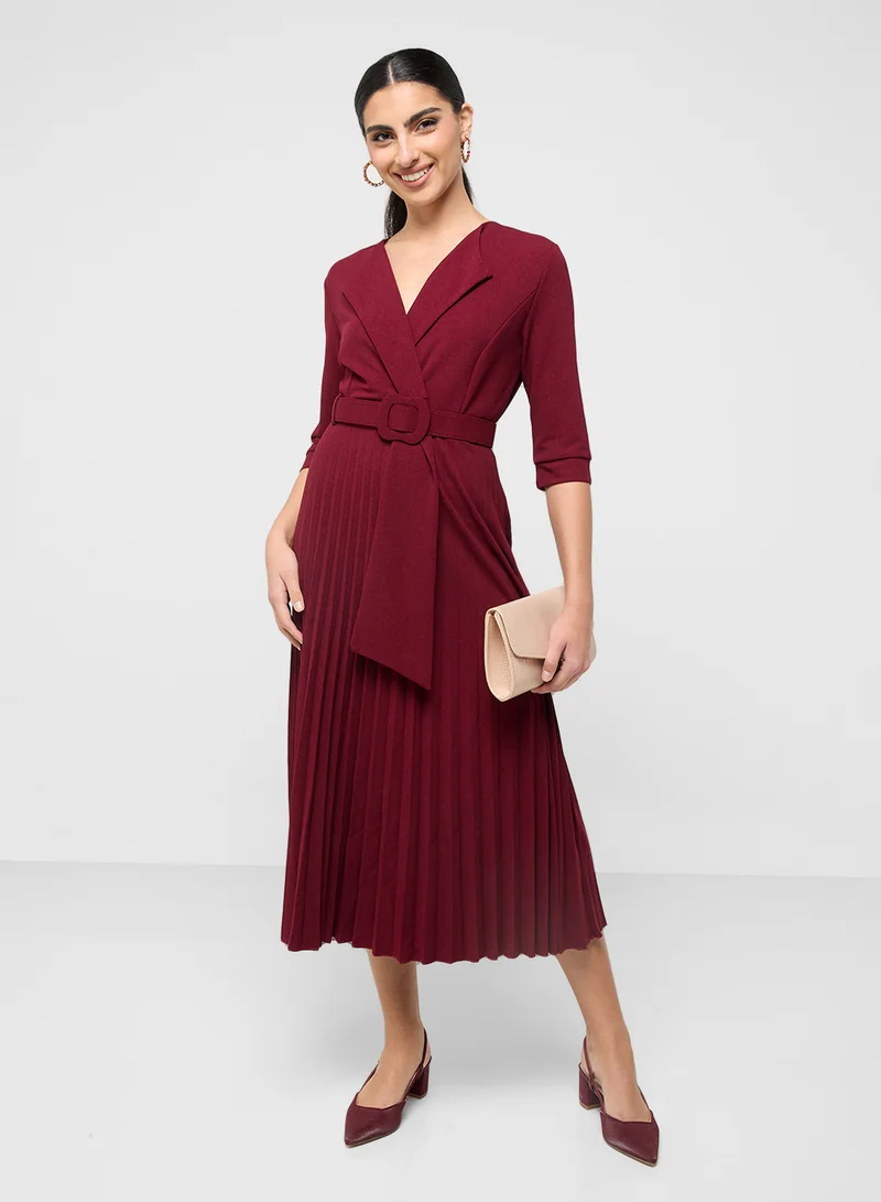 ELLA Belted Wrap Dress With Pleats