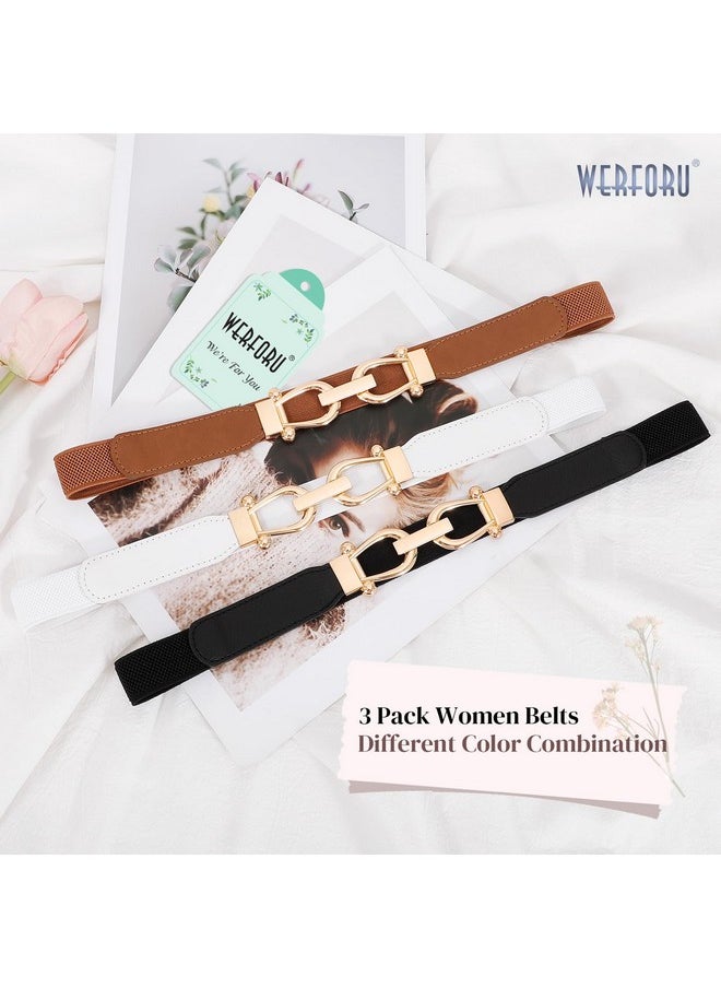 Werforu - 3 Pack Women Ladies Skinny Elastic Waist Belt Gold Buckle Stretchy Thin Belt For Dress Jeans,Black+Brown+White - Image 1