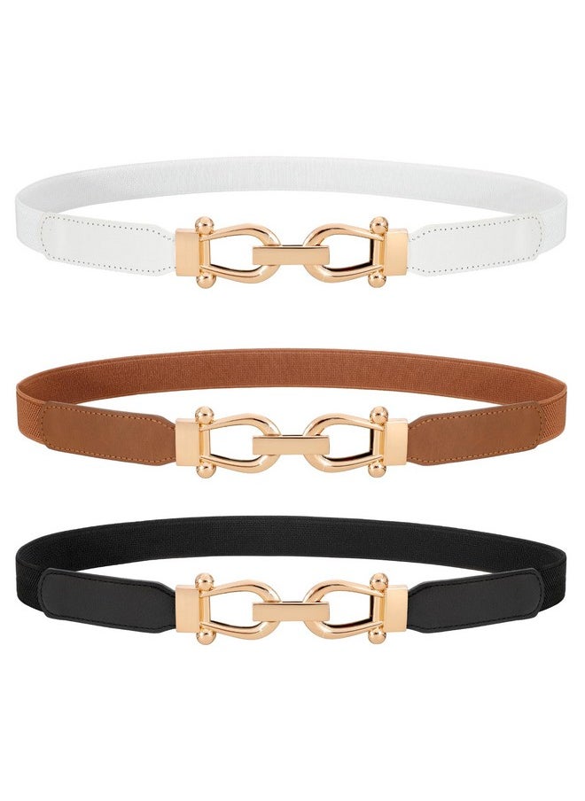 Werforu - 3 Pack Women Ladies Skinny Elastic Waist Belt Gold Buckle Stretchy Thin Belt For Dress Jeans,Black+Brown+White - Image 1