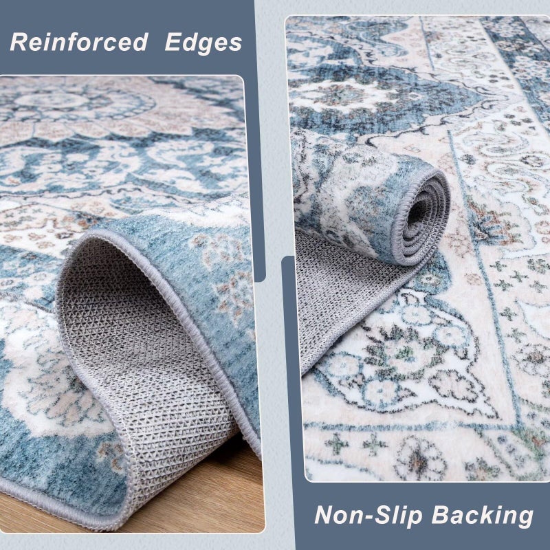 Macgace 2x3 Small Area Rug for Entryway, Soft Washable Rugs with Non-Slip Backing for Bedroom Kitchen, Vintage Throw Carpet Laundry Entry Door Decor, Blue & Beige - Image 4