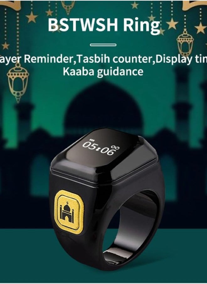 22mm Zikr Ring Smart Ring with Vibration Reminder Tasbih Counter and Bluetooth Connection for Exclusive BSTWSH App and 5 Daily Prayer Reminders Black