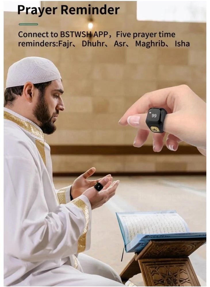 22mm Zikr Ring Smart Ring with Vibration Reminder Tasbih Counter and Bluetooth Connection for Exclusive BSTWSH App and 5 Daily Prayer Reminders Black