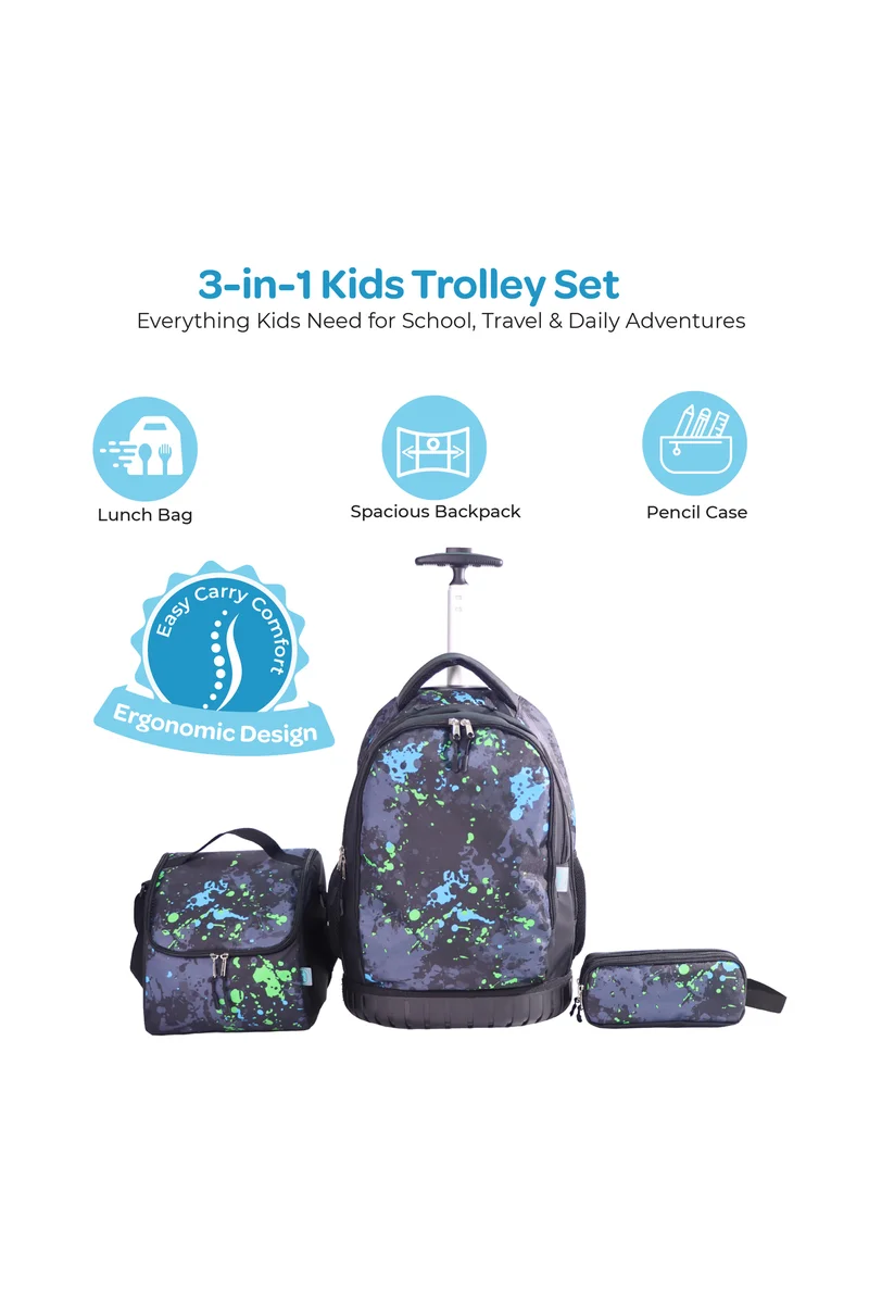 مون MOON  3 in 1 Kids Trolley Set   - (18-Inch) Premium Kids School Bag with Lunch Bag & Pencil Case-Black