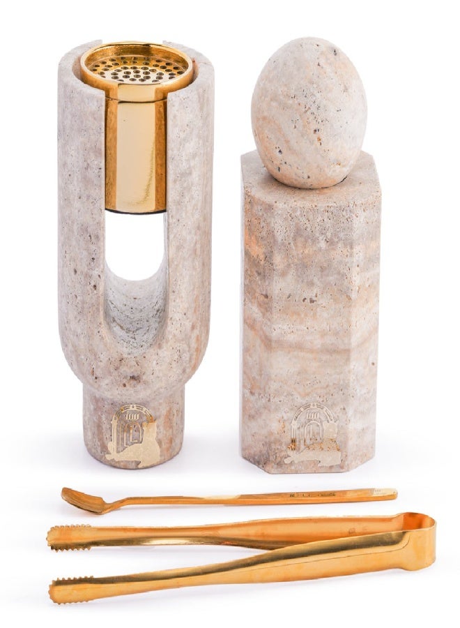 Layers Ofra Grey Travertine Mini Incense Burner Holder with Oud Storage – Natural Marble Set - Image 1