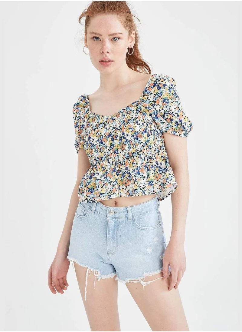 ديفاكتو Slim Fit Floral Patterned Short Sleeve V-Neck Blouse