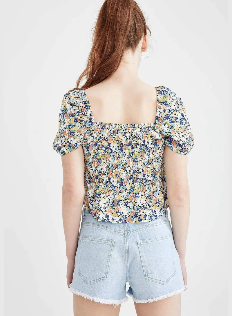 DeFacto Slim Fit Floral Patterned Short Sleeve V-Neck Blouse
