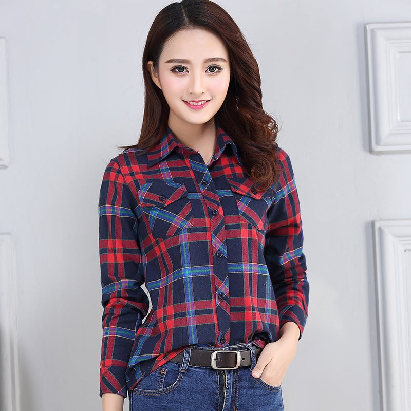 Plaid shirt long sleeve 2024 spring and summer New plus size students Korean version loose suit shirt sunscreen coat Blue and Red - Image 1