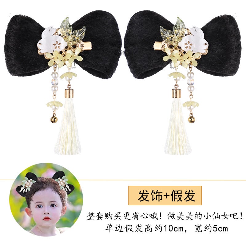 Generic Childrens Hanfu wig bag daily ancient costume bow bun ancient style wig girls hair accessories Headdress Ball head J327 hairpin pair + VP058 wig