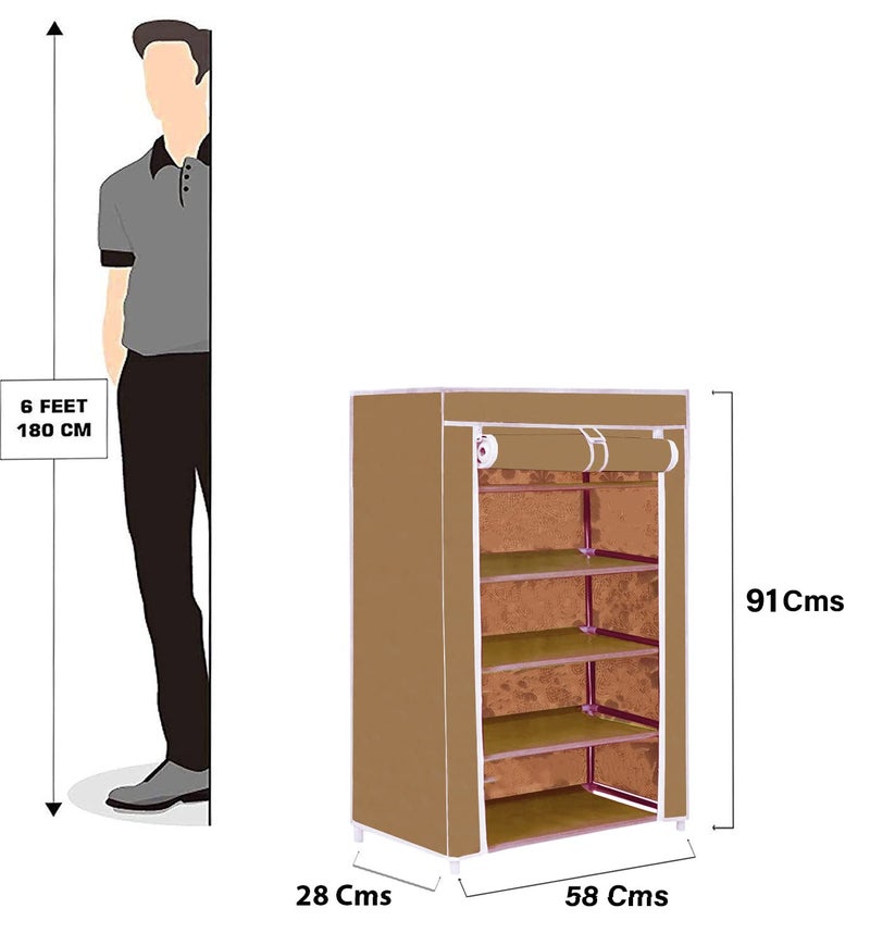 FLIPZON Non-Woven Fabric Multipurpose 5 Shelves Shoe Rack With Zip Door Cover & Side Pockets, Multiuse Storage Rack For Footwear, Toys, Clothes With Dustproof Cover (5 Shelves, Chiku), Cm - Image 2