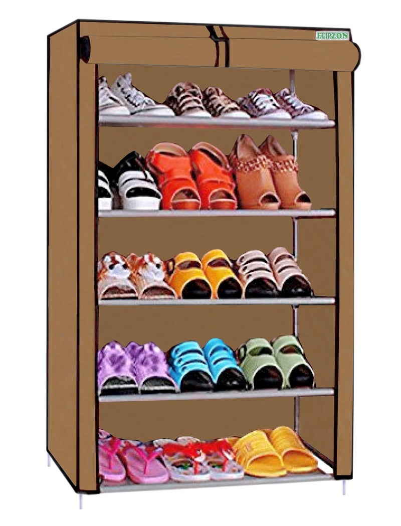 FLIPZON Non-Woven Fabric Multipurpose 5 Shelves Shoe Rack With Zip Door Cover & Side Pockets, Multiuse Storage Rack For Footwear, Toys, Clothes With Dustproof Cover (5 Shelves, Chiku), Cm - Image 1