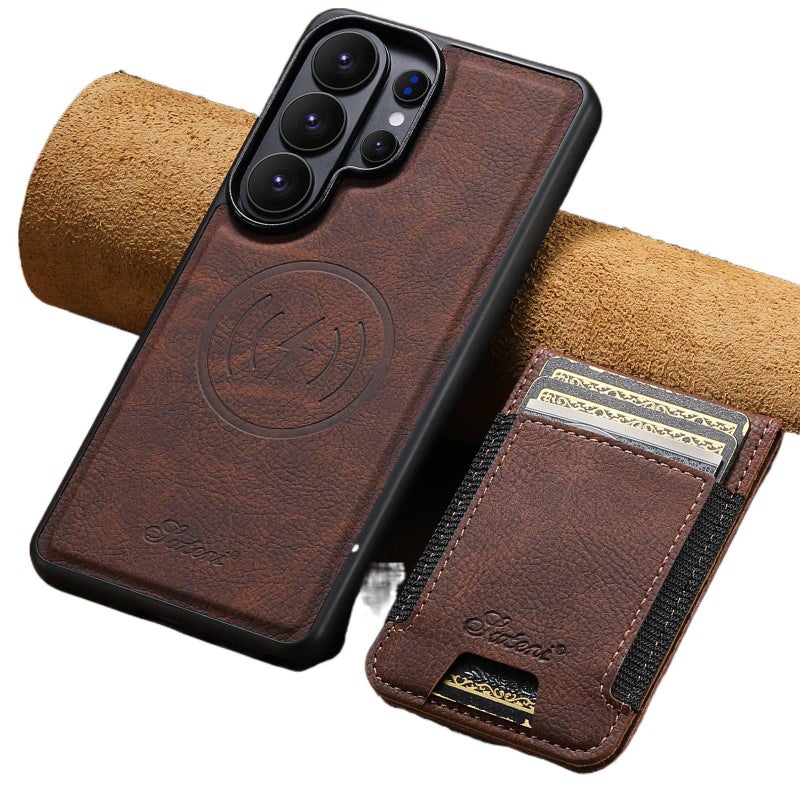 غطاء MagSafe بTPU باللون Lychee Brown مغناطيسي بوظيفة حامل من مادة TPU لـ Samsung S25 Ultra / Samsung S25 مع مغناطيس قوي وحامل قائم مع حامل بطاقات للسفر للمكتب للعائلة - Image 1