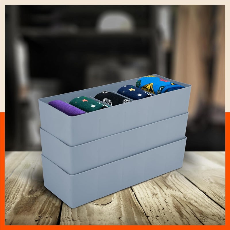 Bathla منظمات الأدراج (مجموعة من 3) - 5 شبكات لون رمادي غامق فواصل تخزين متعددة الاستخدامات للخزائن | منظمات خزانة قابلة للتكديس للجوارب، الملابس الداخلية، الروابط، المجوهرات والقرطاسية | صندوق تخزين بلاستيكي - Image 1