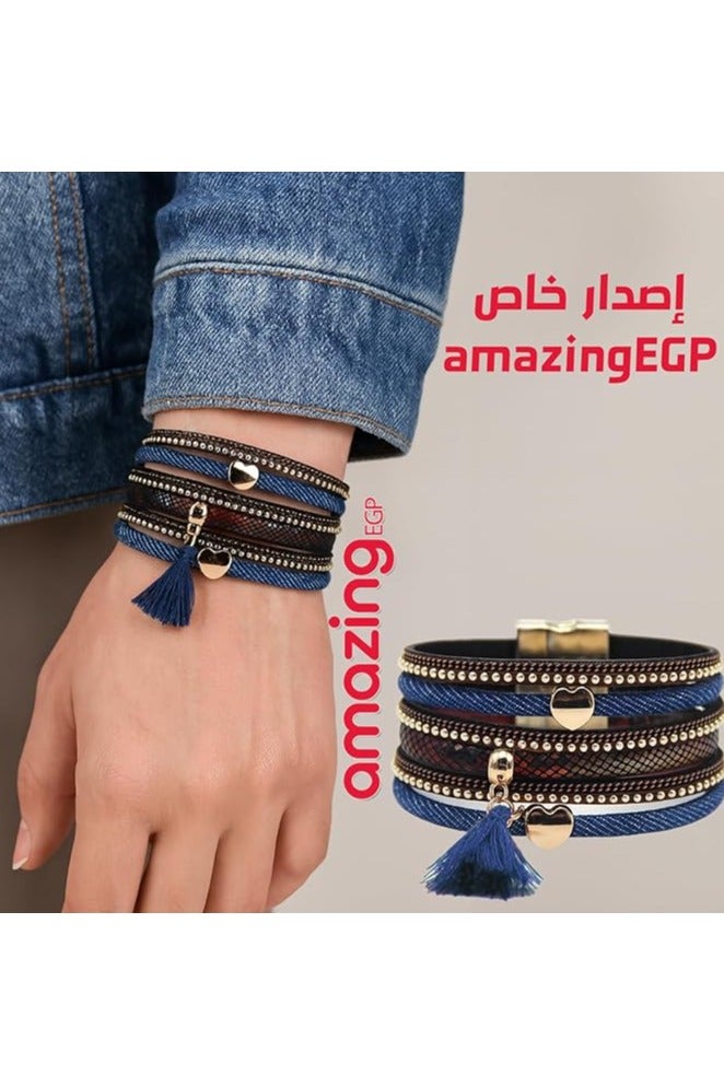 أمازينج. إي جي بي سوار جلدي متعدد الطبقات، أزرق مع دلايات على شكل قلب ذهبي وشرابة، سوار معصم للجنسين بطول 23 سم - Image 3