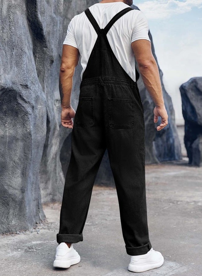 Runcati Men's Denim Bib Overall Jean Romper Trousers Adjustable Strap Workwear Slim Fit Jumpsuit, Black, M - Image 5