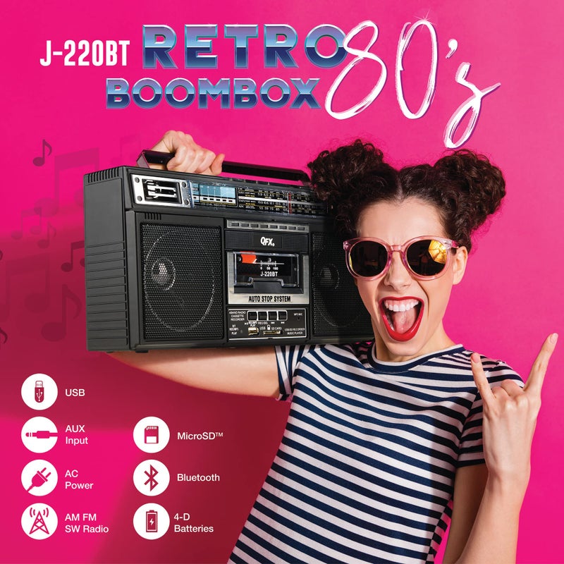 QFX J-220BTTQ Aqua Turquoise Boombox MP3 Conversion from Radio to Cassette with 4-Band (AM, FM, SW1, SW2) Radio with Bluetooth, Dual 3” Speakers, Built-in Microphone, Recorder, and a 3-Band Equalizer - Image 2
