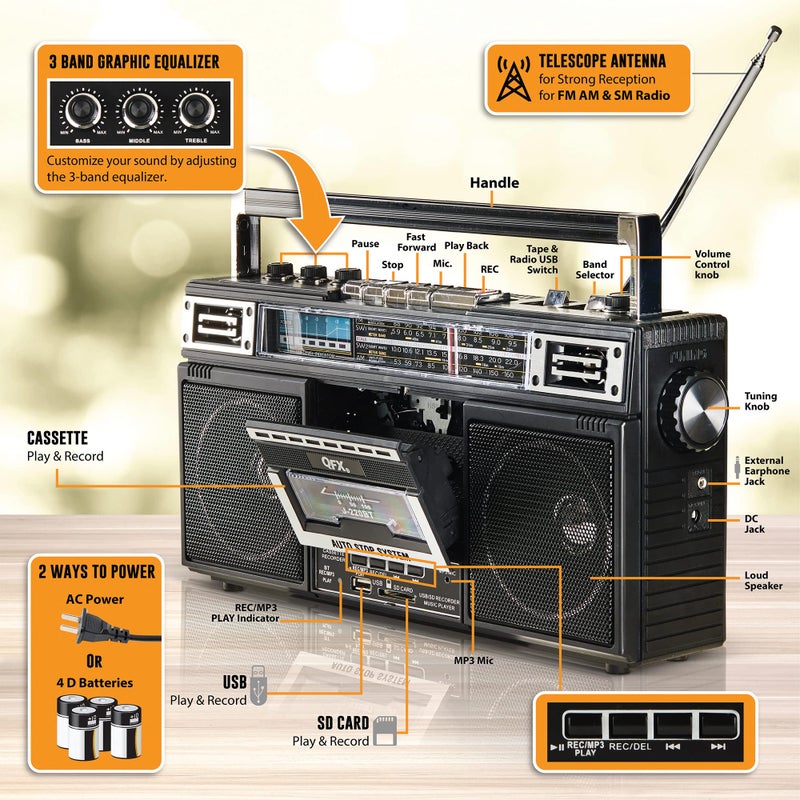 QFX J-220BTTQ Aqua Turquoise Boombox MP3 Conversion from Radio to Cassette with 4-Band (AM, FM, SW1, SW2) Radio with Bluetooth, Dual 3” Speakers, Built-in Microphone, Recorder, and a 3-Band Equalizer - Image 3