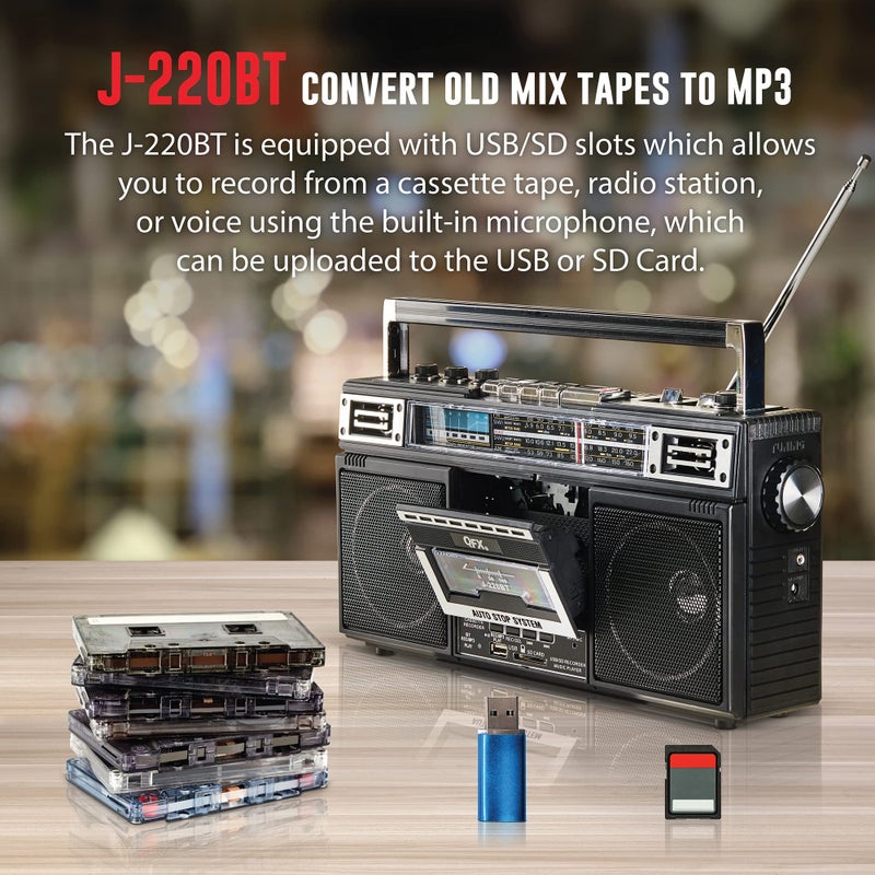 QFX J-220BTTQ Aqua Turquoise Boombox MP3 Conversion from Radio to Cassette with 4-Band (AM, FM, SW1, SW2) Radio with Bluetooth, Dual 3” Speakers, Built-in Microphone, Recorder, and a 3-Band Equalizer - Image 4