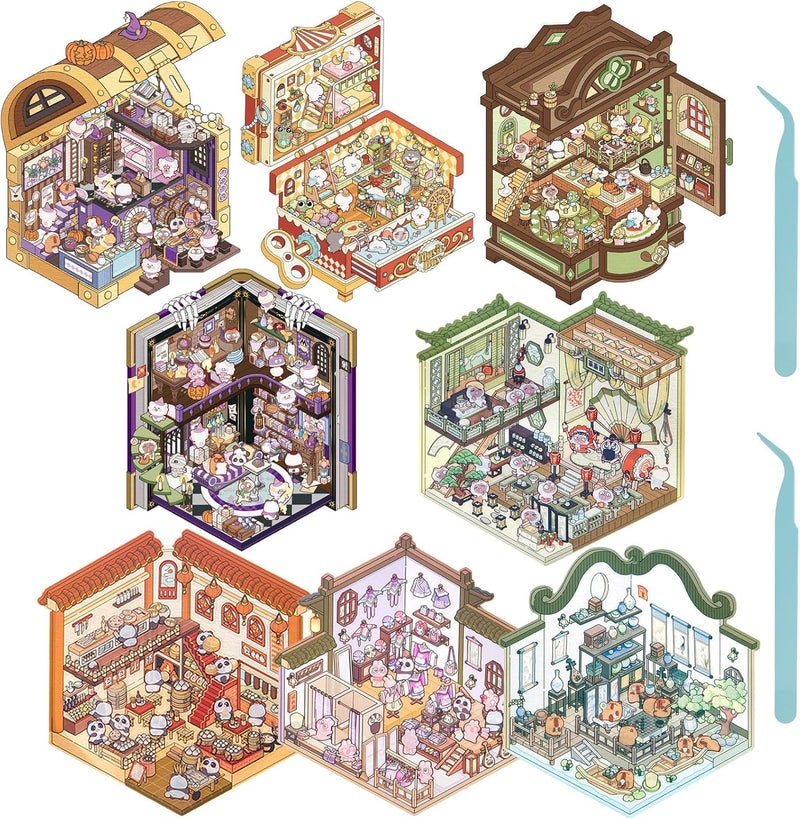 windforgecraft 8 Pcs DIY 3D House Stickers, 3D Sticker Miniature Scene, Cartoon Miniature Scene 3D Landscaping Stickers, 3D House Stickers Quiet Book, Cute Cartoon Scene Stickers for Adults Kids Gift - Image 1