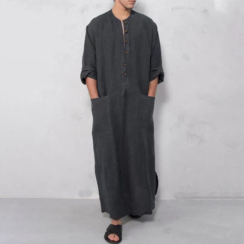 Men's Ethnic Linen Robe Loose Fit Stand Collar - Image 1