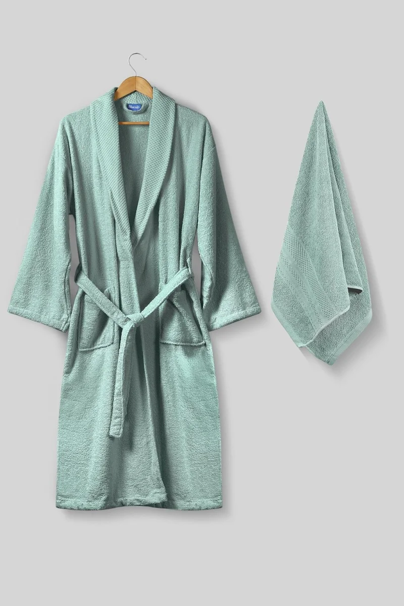 Bluenity Softy-Natural Cotton Extra Soft Bathrobe L/XL+50X90 Towel Set-Green