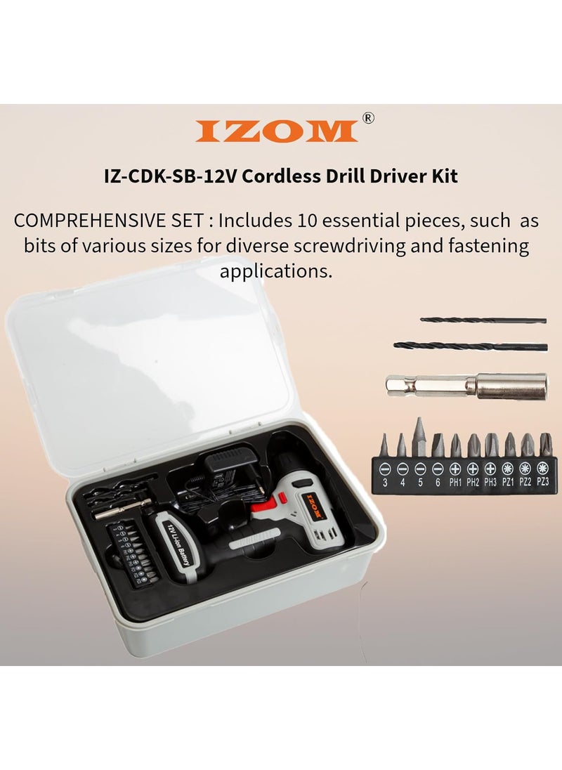IZOM - IZOM 12V Cordless Drill Driver With Accessories 10 Mm Chuck Size Black - Image 1