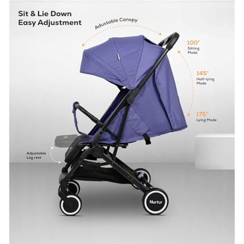 Travel stroller for babies and kids aged 0-36 months, lightweight aluminum frame, navy blue, compact foldable design with storage basket and detachable bumper - Image 3