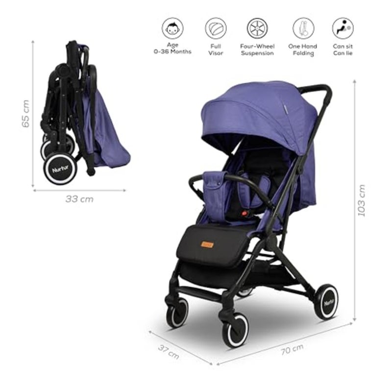 Travel stroller for babies and kids aged 0-36 months, lightweight aluminum frame, navy blue, compact foldable design with storage basket and detachable bumper - Image 2