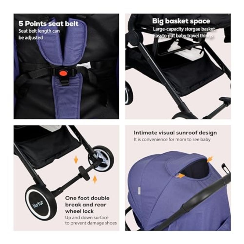 Travel stroller for babies and kids aged 0-36 months, lightweight aluminum frame, navy blue, compact foldable design with storage basket and detachable bumper - Image 5