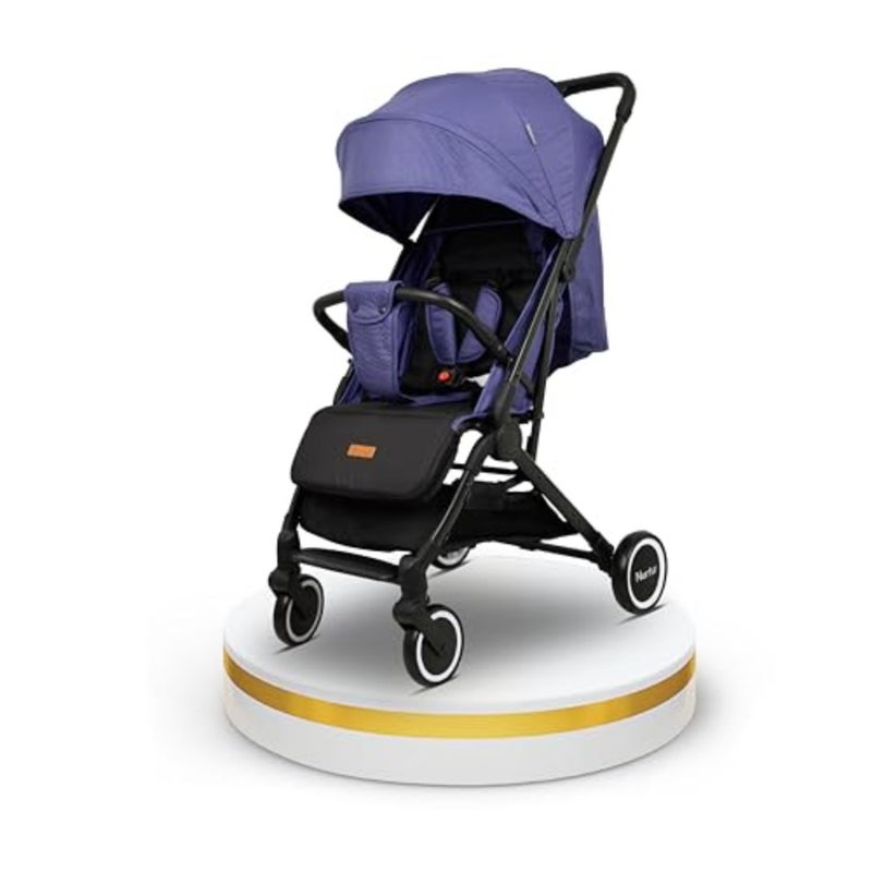 Travel stroller for babies and kids aged 0-36 months, lightweight aluminum frame, navy blue, compact foldable design with storage basket and detachable bumper - Image 1