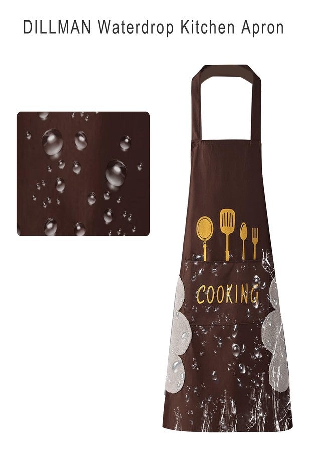 DILLMAN Women Kitchen Apron with Hand Wipe Pockets，Big Pocket,Hand-wiping, Waterproof for Cooking Baking, Brown, L - Image 3