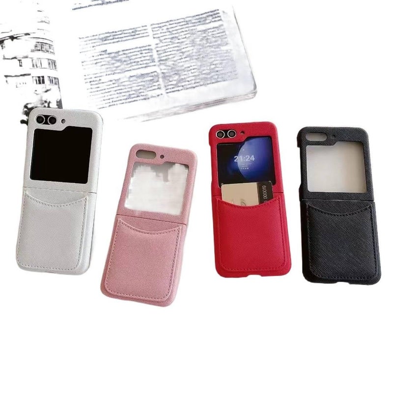 غطاء واقي، أبيض، حامل بطاقات، ملمس جلد، مقاوم للصدمات لـ Samsung Galaxy Z Flip 4 باللون الأبيض للاستخدام الشخصي للعائلة أثناء التنقل - Image 2