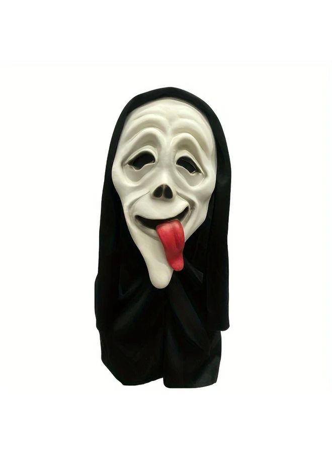 Halloween Horror Mask For Adults With Protruding Red Tongue And Black Hood - Image 1
