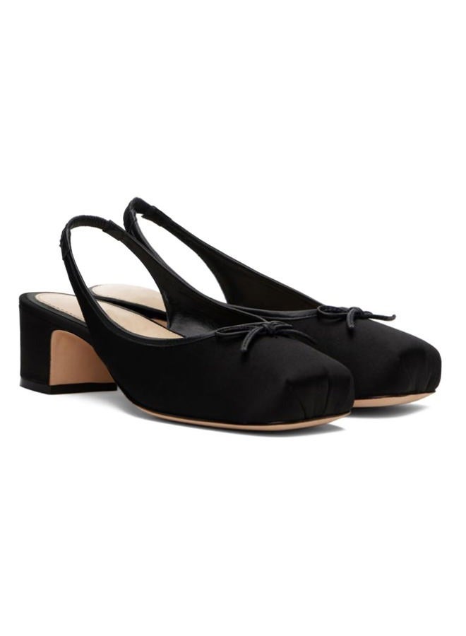Agodor Slingback Heels for Women Ruched Satin Ballet Mary Jane Shoes with Bow Square Toe Ballerina Pumps Low Chunky Block Heels Elastic Rear Strap Comfortable Dress Ballet Shoes, Satin Black, 8 - Image 1