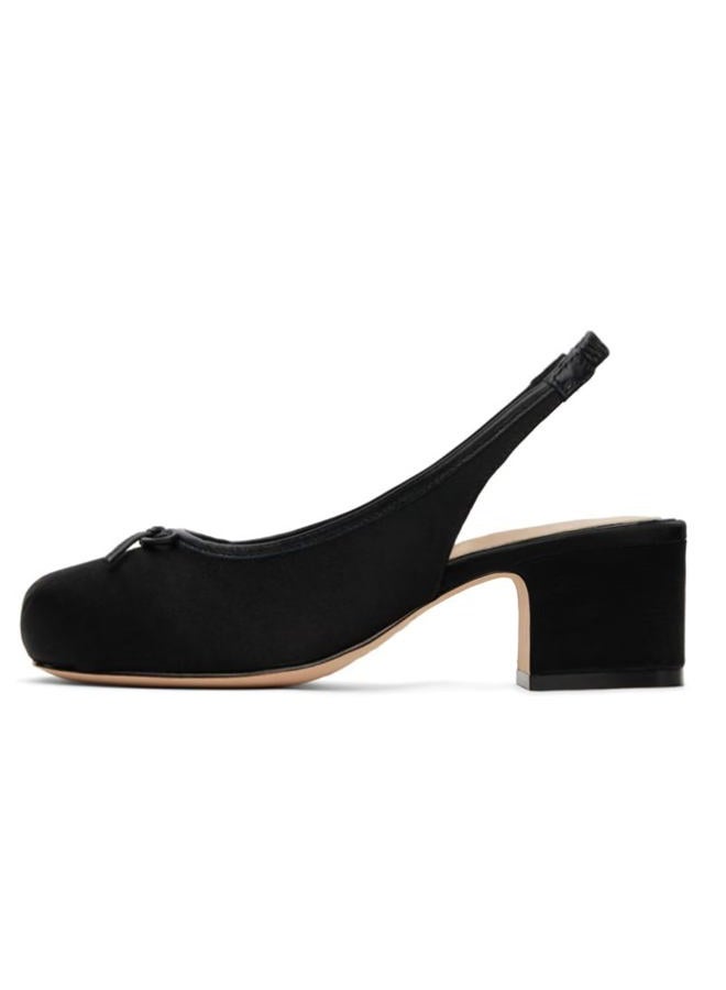 Agodor Slingback Heels for Women Ruched Satin Ballet Mary Jane Shoes with Bow Square Toe Ballerina Pumps Low Chunky Block Heels Elastic Rear Strap Comfortable Dress Ballet Shoes, Satin Black, 8 - Image 5