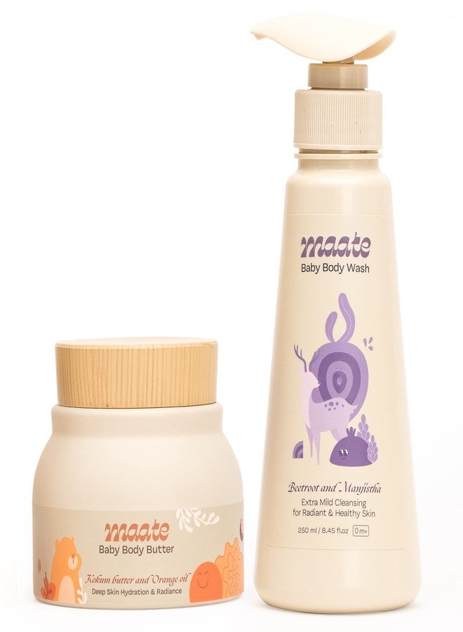 Maate Baby Body Care Set (Pack of 2) | Body Butter-150 gm & Extra Mild Baby Wash - 250 ml | Cream For Face, Skin | Care For Kids 0-12 years | pH Balanced | Soap Free & Tear-Free - Image 1
