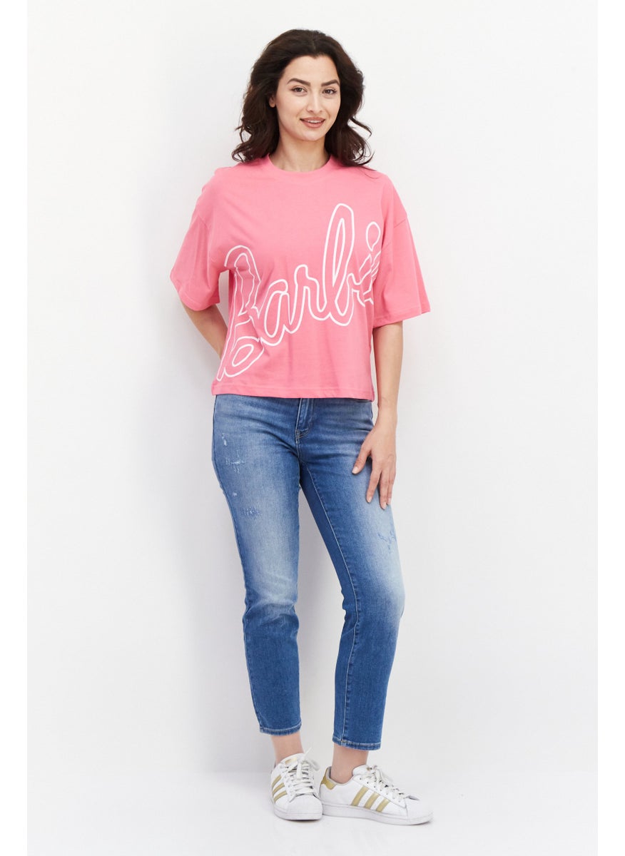 Barbie - Women Oversized Crew Neck Short Sleeve Brand Logo T-Shirt, Pink - Image 1